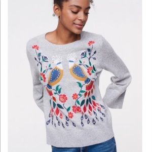 Loft Peacock Embroidered Floral Crewneck Sweater